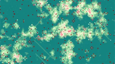 A green, pink, and white colorized image of Conway's Game of Life that resembles a bouquet of pink may flowers on a lush green background