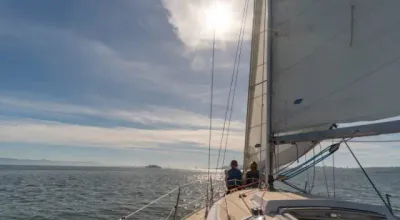 A photo of me sailing with my fiance, Hex, on Richardson's Bay in early 2019