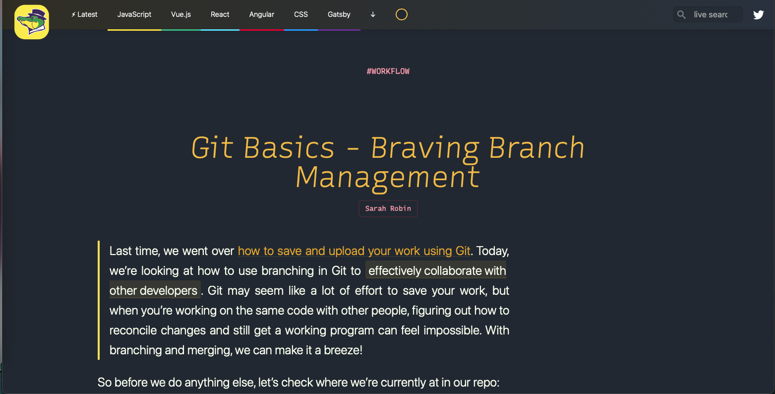 A screenshot of the third article in the git basics series on Alligator.io